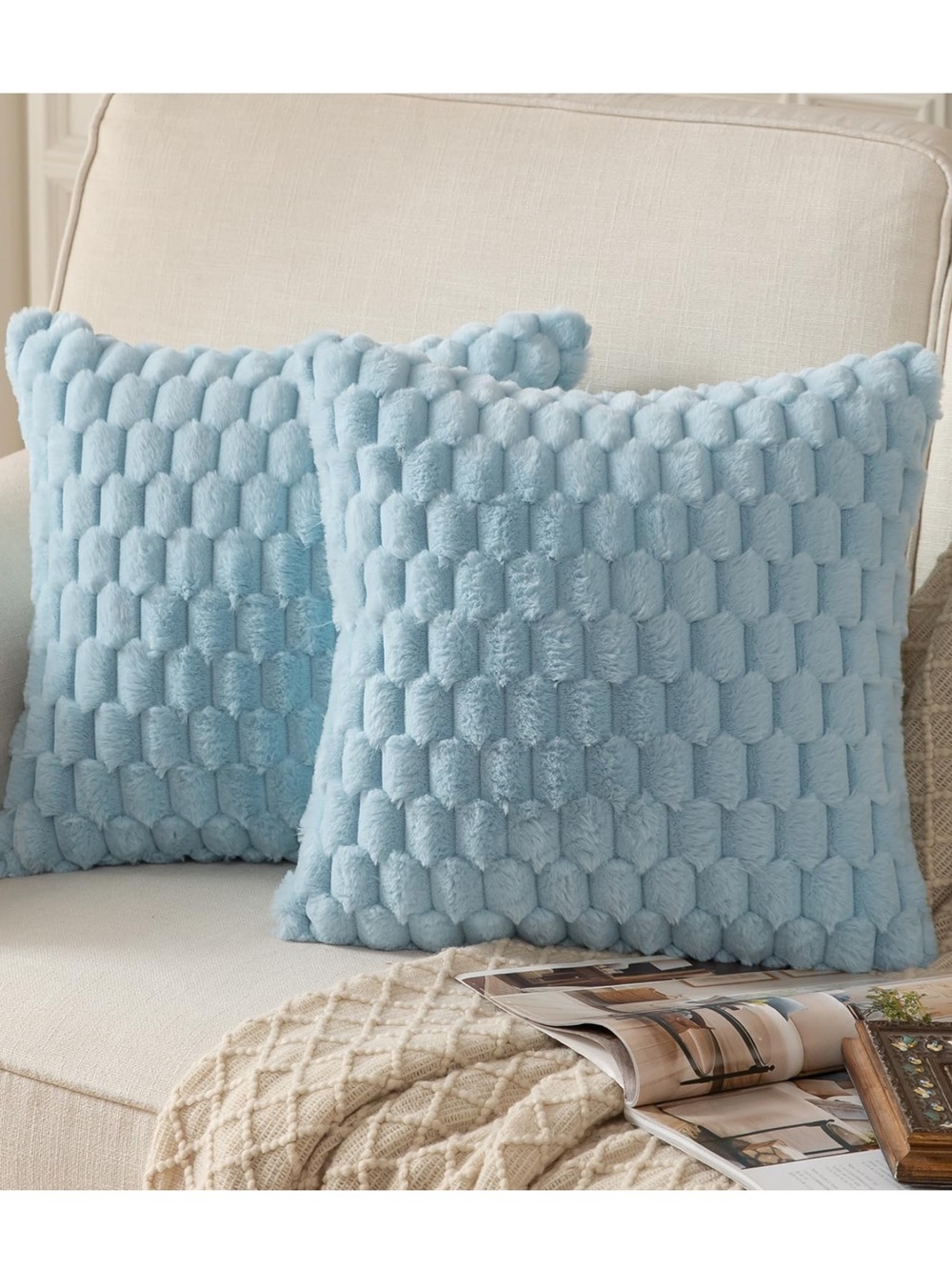 NEW! Pack of 2 Light Blue faux fur 18x18” pillow covers.